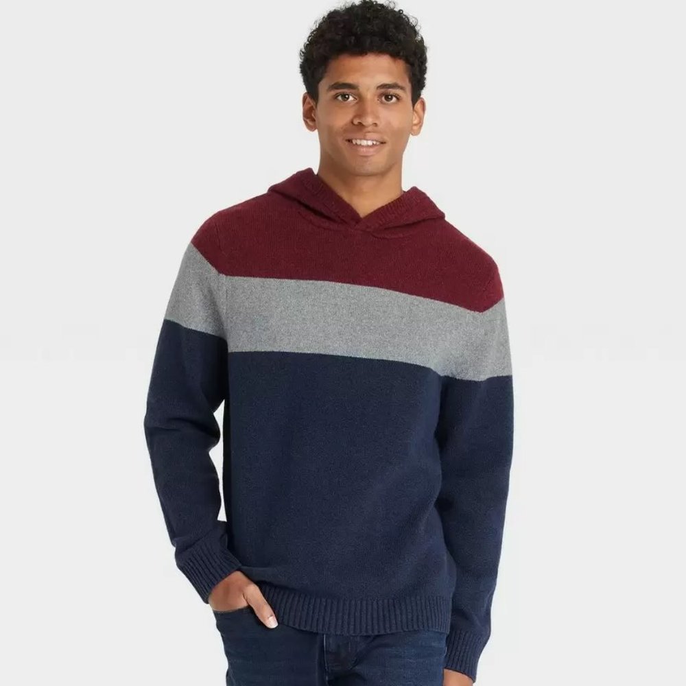 NEW! Men's Hooded Striped Pullover Sweater - Burgundy, Navy, Gray